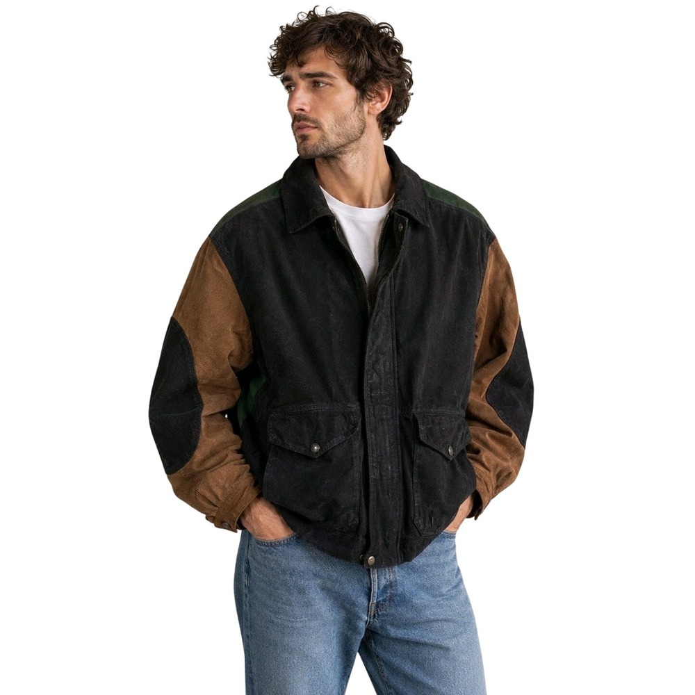 Vintage Ash Creek Trading Suede Leather Jacket XL Colorblock 80s 90s Bomber READ